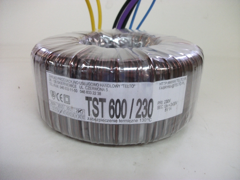 Transformator toroidalny sieciowy TST  600/230 230/Uo=2x30V, 8V
